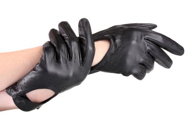 Women's hands in black leather gloves isolated on white clipart