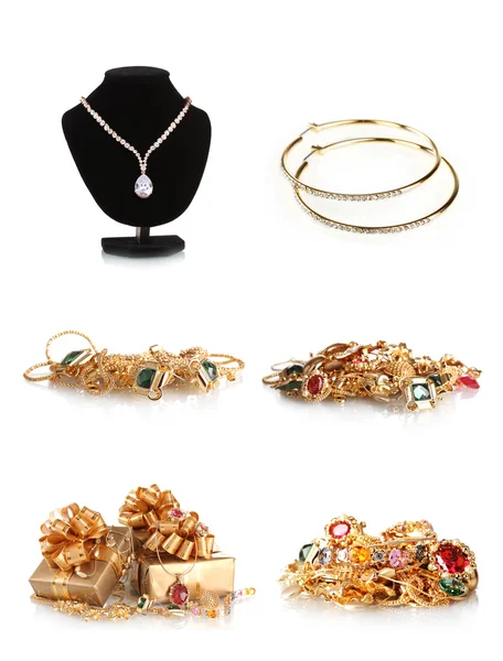 Mooie gouden sieraden collectie geïsoleerd op wit — Stockfoto