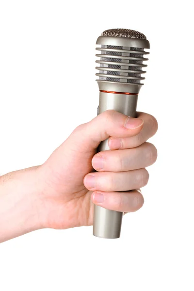 Błyszczący szarego mikrofonu w ręce na białym tle — Zdjęcie stockowe