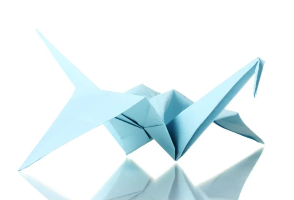 Кран Оригами из голубой бумаги, изолированной на белом — стоковое фото