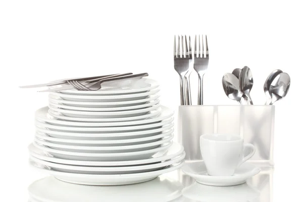 Clean plates and cutlery isolated on white — Stock Photo, Image