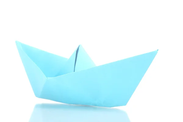 Origami boat out of the blue paper isolated on white — Stock Photo, Image