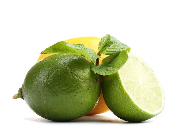 Fresh lime and lemon with mint isolated on white — Stock Photo, Image