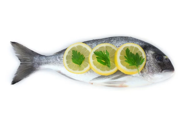 Frischer Fisch mit Zitrone und Petersilie isoliert auf weiß — Stockfoto