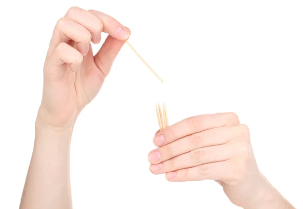 Hand throwing toothpick isolated on white — Stock Photo, Image