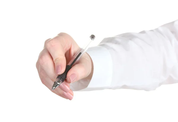 Femme main avec stylo isolé sur blanc — Photo