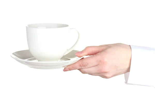 Femme main avec tasse de café isolé sur blanc — Photo