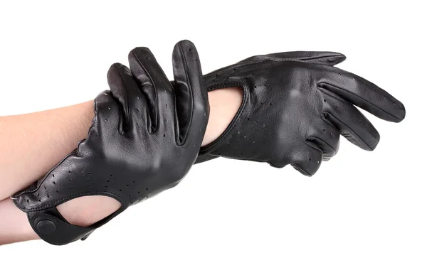 Kadınların elleri siyah deri üzerinde beyaz izole eldivenler — Stok fotoğraf