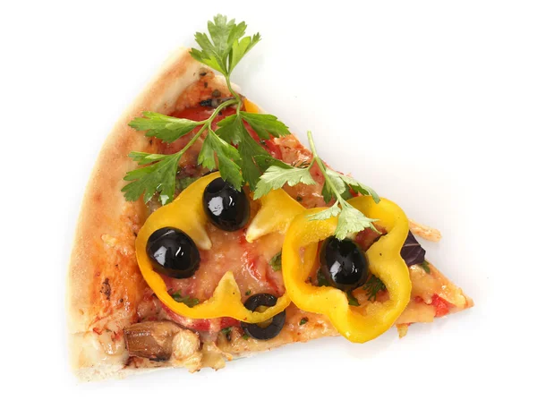 Pyszne kawałek pizzy na białym tle — Zdjęcie stockowe