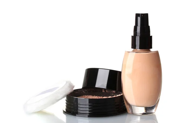 Cosmetic liquid foundation with powder on white — Stock Photo, Image