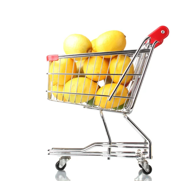 白で隔離されるショッピングカートで熟したレモン — ストック写真