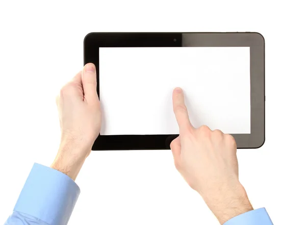 Erkek bir tablet üzerinde beyaz izole tutan eller — Stok fotoğraf