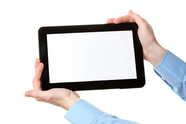 Mužské ruce držící tablet izolované na bílém — Stock fotografie