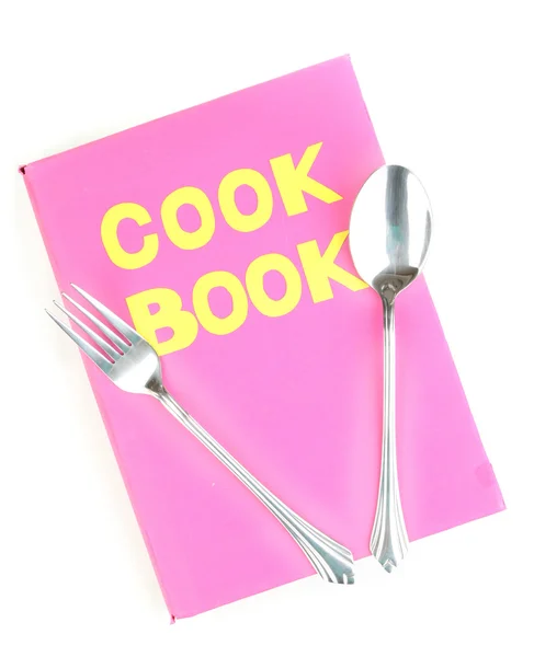 Pink cookbook and kitchenware isolated on white — Stock Photo, Image
