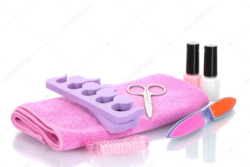 Pedicure set on pink towel isolated on white — Stock Photo © belchonock