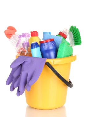 Cleaning items in bucket isolated on white clipart