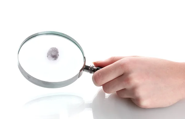 Magnifying glass in hand and fingerprint isolated on white — Stock Photo, Image
