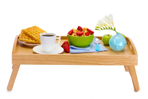 stock image Light breakfast on wooden tray isolated on white