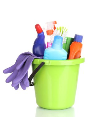 Cleaning items in bucket isolated on white clipart