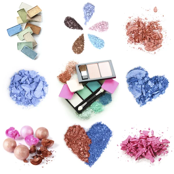 A collage of compositions of compact and crushed multicolor eyeshadow isolated on white — Stock Photo, Image