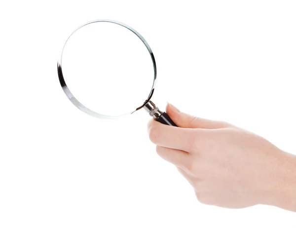 Magnifying glass in hand isolated on white — Stock Photo, Image