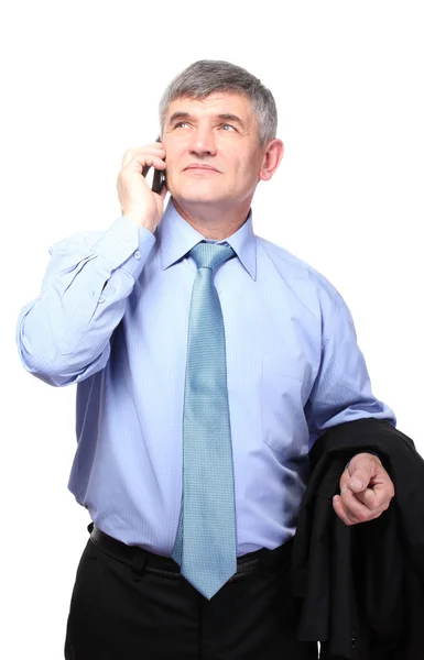 Obchodník po telefonu proti izolované na bílém — Stock fotografie