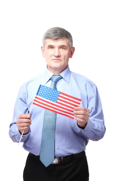 Empresário com bandeira americana isolada em branco — Fotografia de Stock