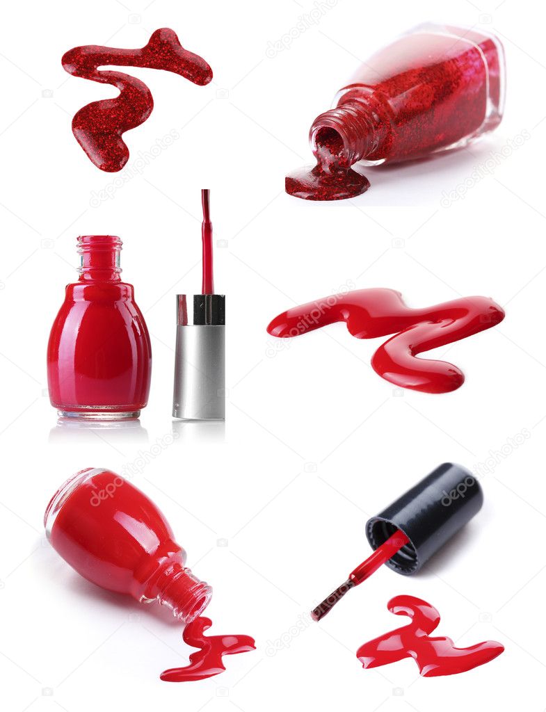 A collage of red shiny nail polish isolated on white