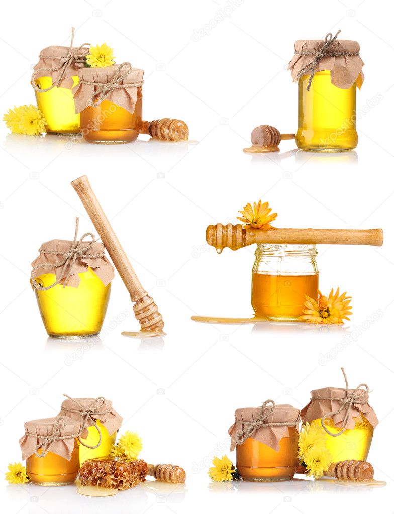 A collage of six compositions of jars of honey isolated on white