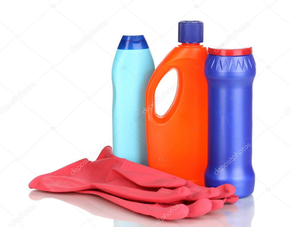 Cleaning items and gloves isolated on white