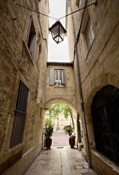 Narrow Street with lantern of Montpellier, France