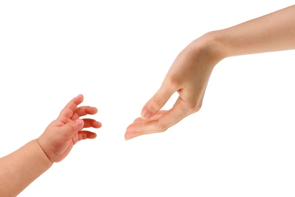 Duas mãos de crianças e adultos, mãos, isoladas em um fundo branco . — Fotografia de Stock
