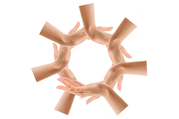 Conceptual de mãos humanas fazendo um círculo em fundo branco com uma cópia s — Fotografia de Stock