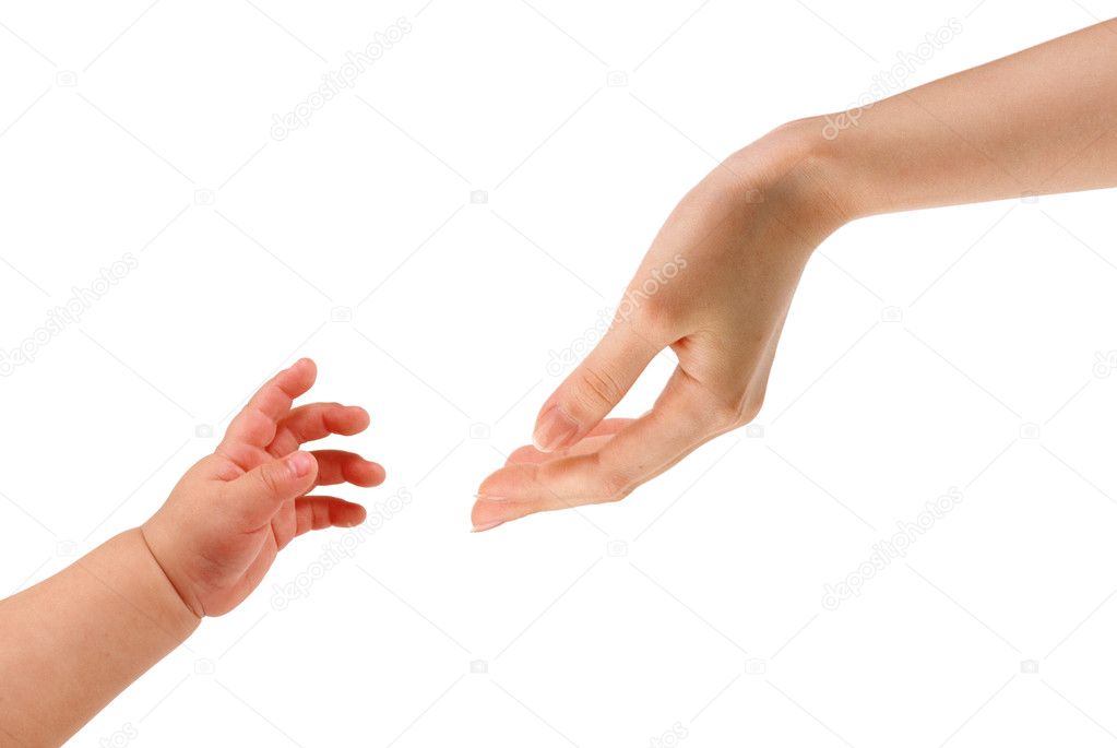 Two hands of children and adults, hands, isolated on a white background.