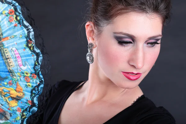 Detailní portrét flamenco tanečnice ventilátor — Stock fotografie