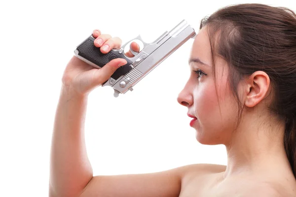 Sexy giovane donna pistola isolata su bianco — Foto Stock
