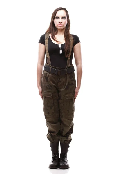 Žena armády voják izolovaných na bílém pozadí — Stock fotografie