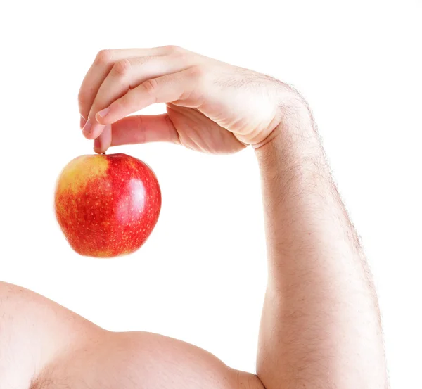 빨간 사과 들고 운동 섹시 한 남성 바디 빌더 — 스톡 사진