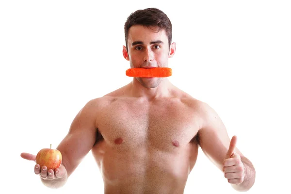 Dieta de zanahoria de manzana, hombre gran cuerpo aislado — Foto de Stock