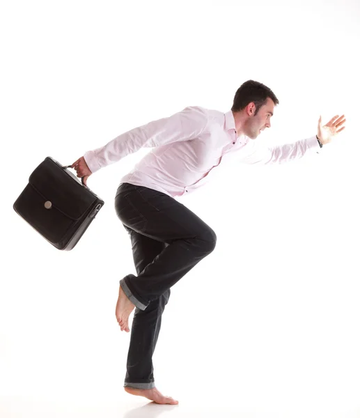 Empresario corriendo con un maletín aislado — Foto de Stock