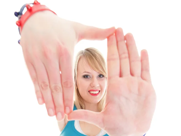 Beautiful woman framing her face with her hands isolated — Stock Photo, Image