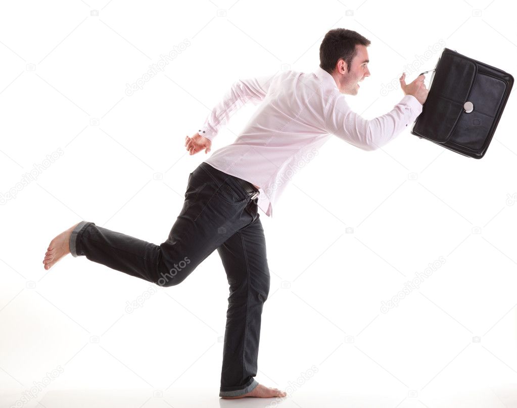 Businessman running with a briefcase isolated
