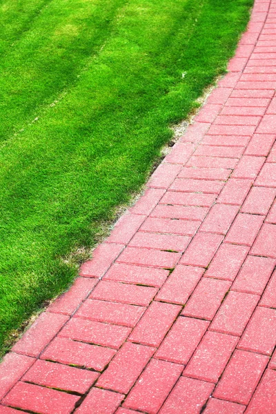 Camino de piedra jardín con hierba, Ladrillo Sidewalk — Foto de Stock