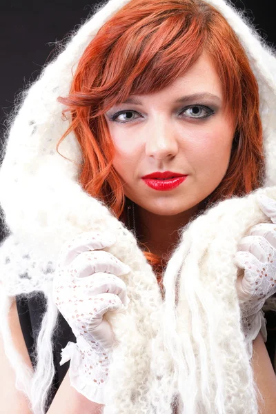 Lovely redhead - white glove warm scarf Young beautiful red hair — Stock Photo, Image