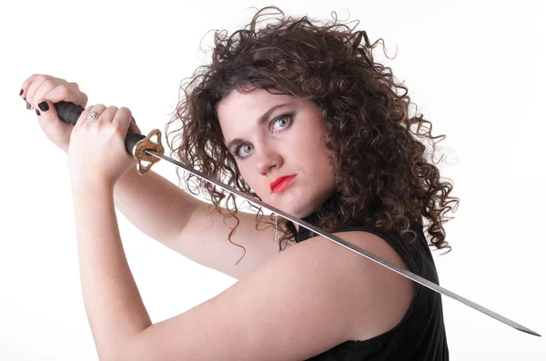 Porträtt lockigt kvinna curly girl och svärd — Stockfoto