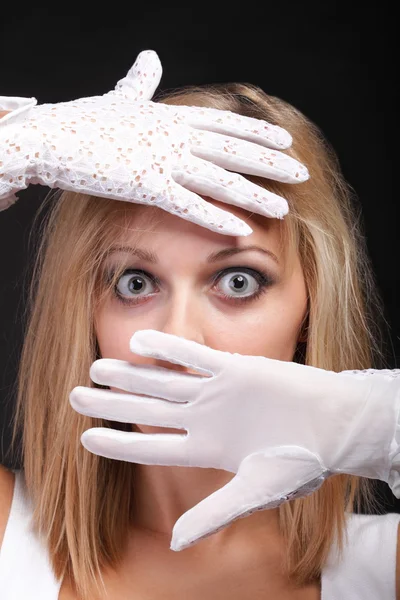 Portrait beautiful woman in white gloves — Stock Photo, Image