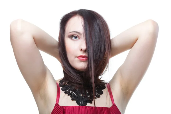 Vlasy žena v bílém červený korzet, samostatný — Stock fotografie