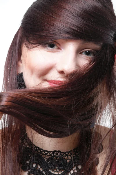 Mulher de cabelo em espartilho vermelho branco isolado — Fotografia de Stock