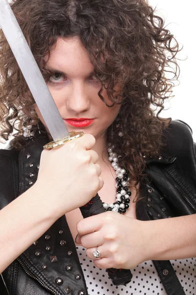 Lockigt kvinna curly girl och svärd — Stockfoto