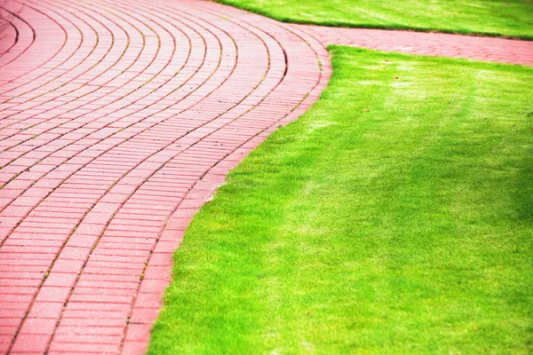 Sten trädgårdsgång med gräs, tegel trottoaren — Stockfoto